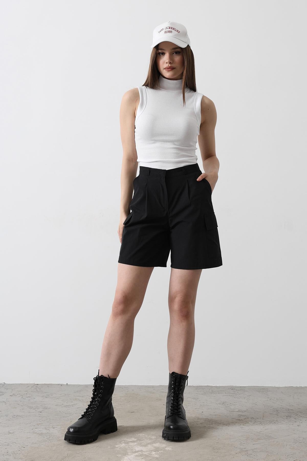 Pantaloni Scurți Cargo cu Buzunare - Negru