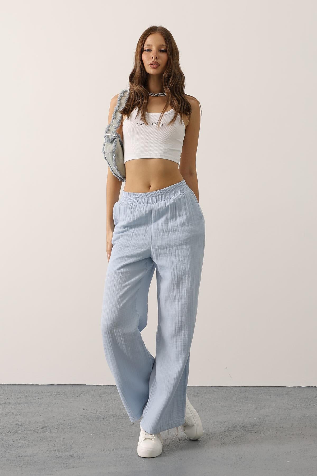 Pantaloni Muselină Spălați - Albastru Deschis
