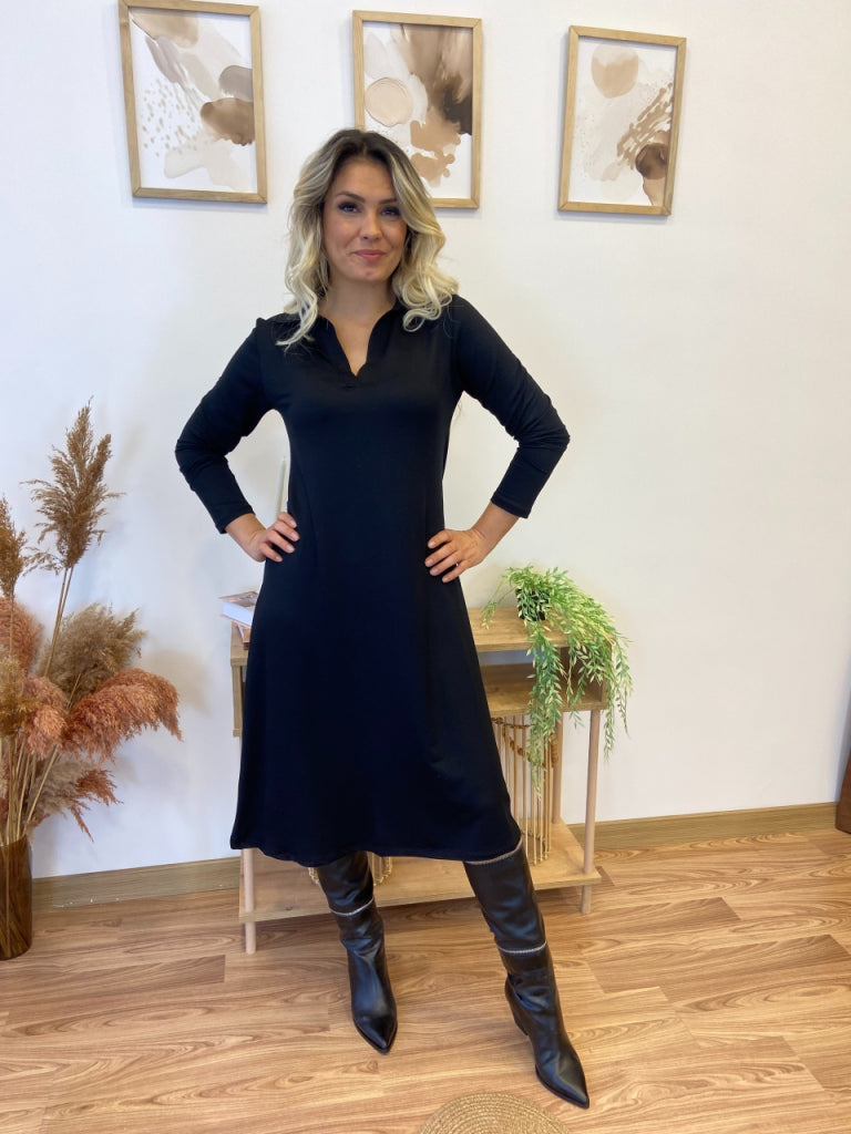 Rochie damă, tip camizolă midi, cu mâneci lungi, guler, viscoză, fire duble, 28777