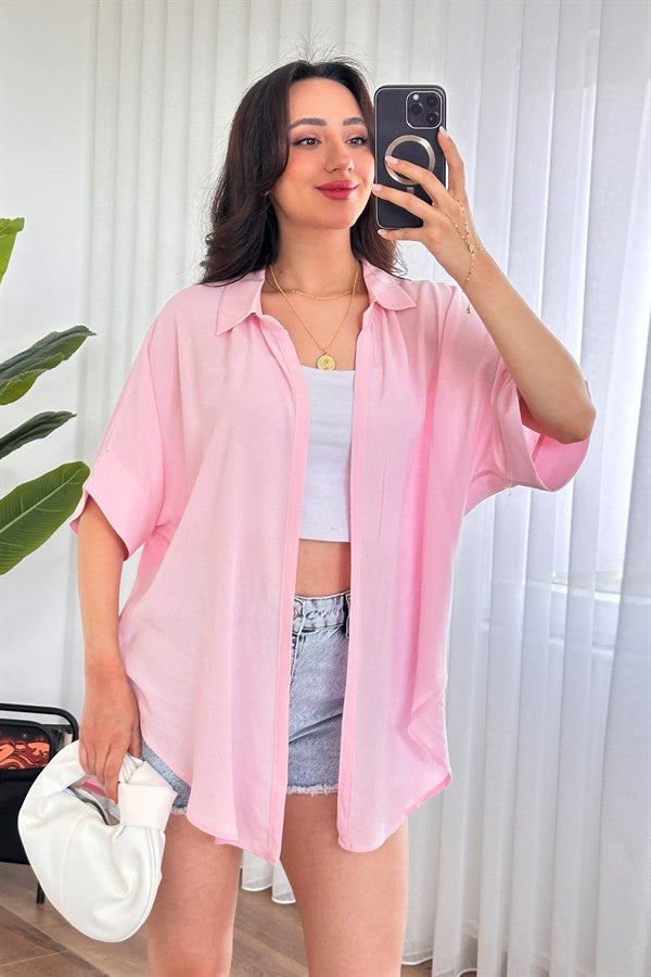 Bluza Kimono de Toptan Roz Basic cu Mânecă Scurtă