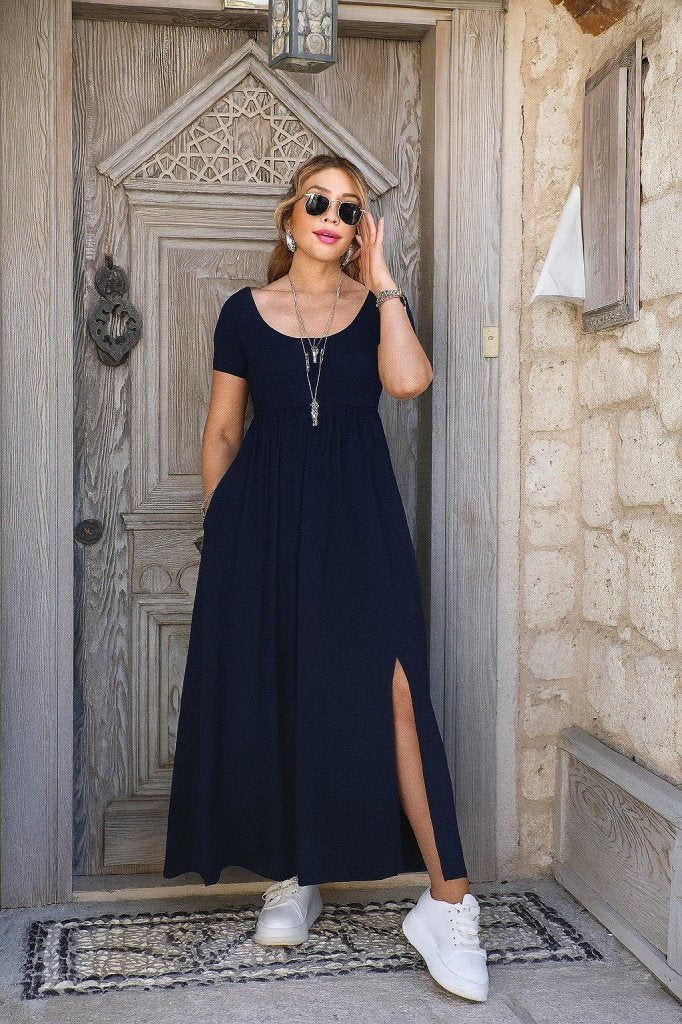 Rochie lungă de damă, din viscoză, cu mânecă scurtă, decolteu rotund, șliț frontal și buzunare, 33073