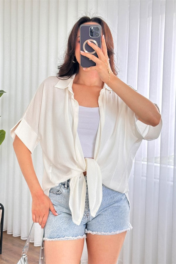 Bluza Kimono de Toptan Ecru Basic cu Mânecă Scurtă