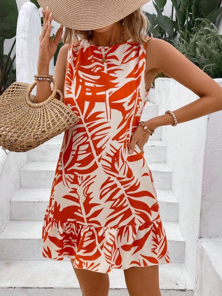 Rochie de damă Sofia, fără mâneci, cu guler rotund și model cu volane, 34325