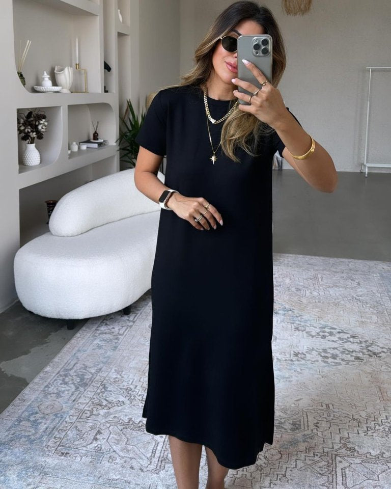 Women's Loose-fitting Viscose Dress with Slit Detail, Short Sleeve, 32713