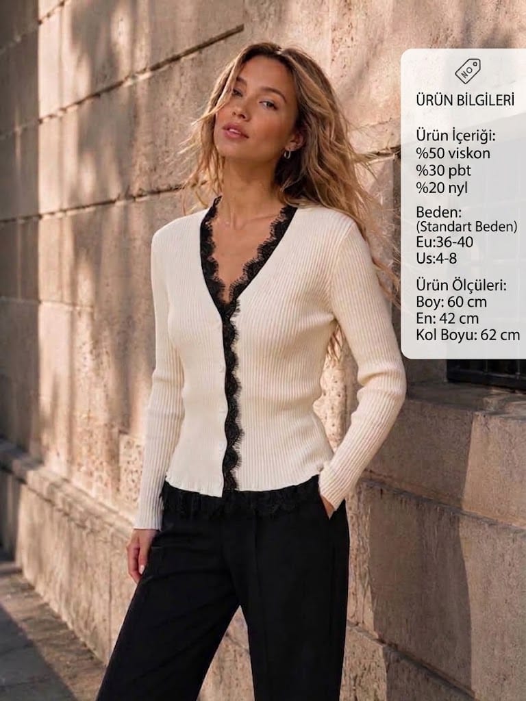 Cardigan tricotat moale cu guler în V, broderie din dantelă și nasturi - Culoarea Osului