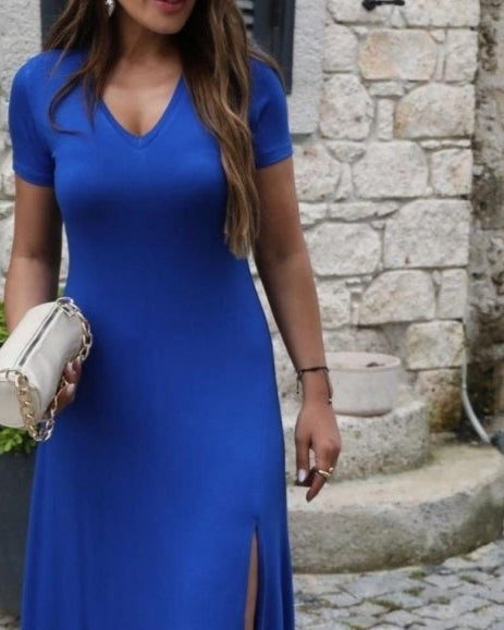 Rochie maxi din viscoză, cu mânecă scurtă și decolteu în V, pentru femei, 33589