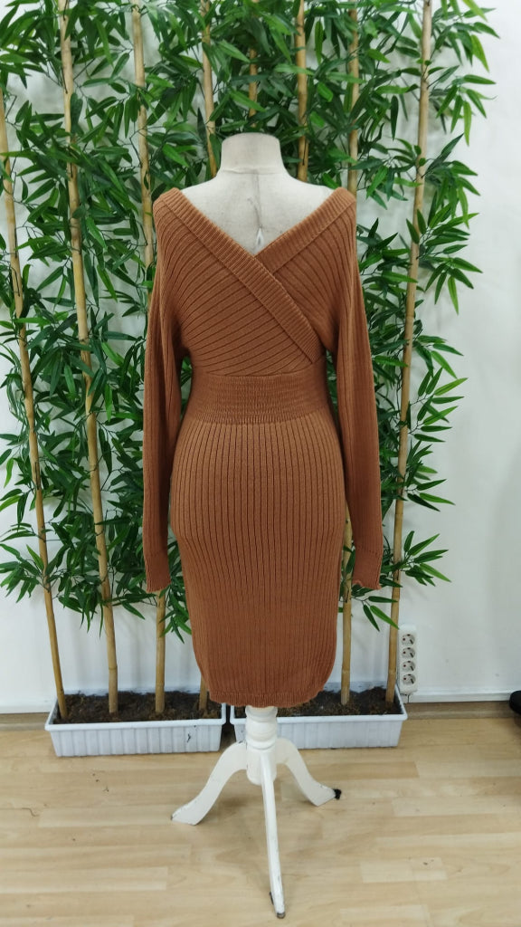 Women's Long Sleeve Off Shoulder Wrap Neck Short Knit Dress, 31740