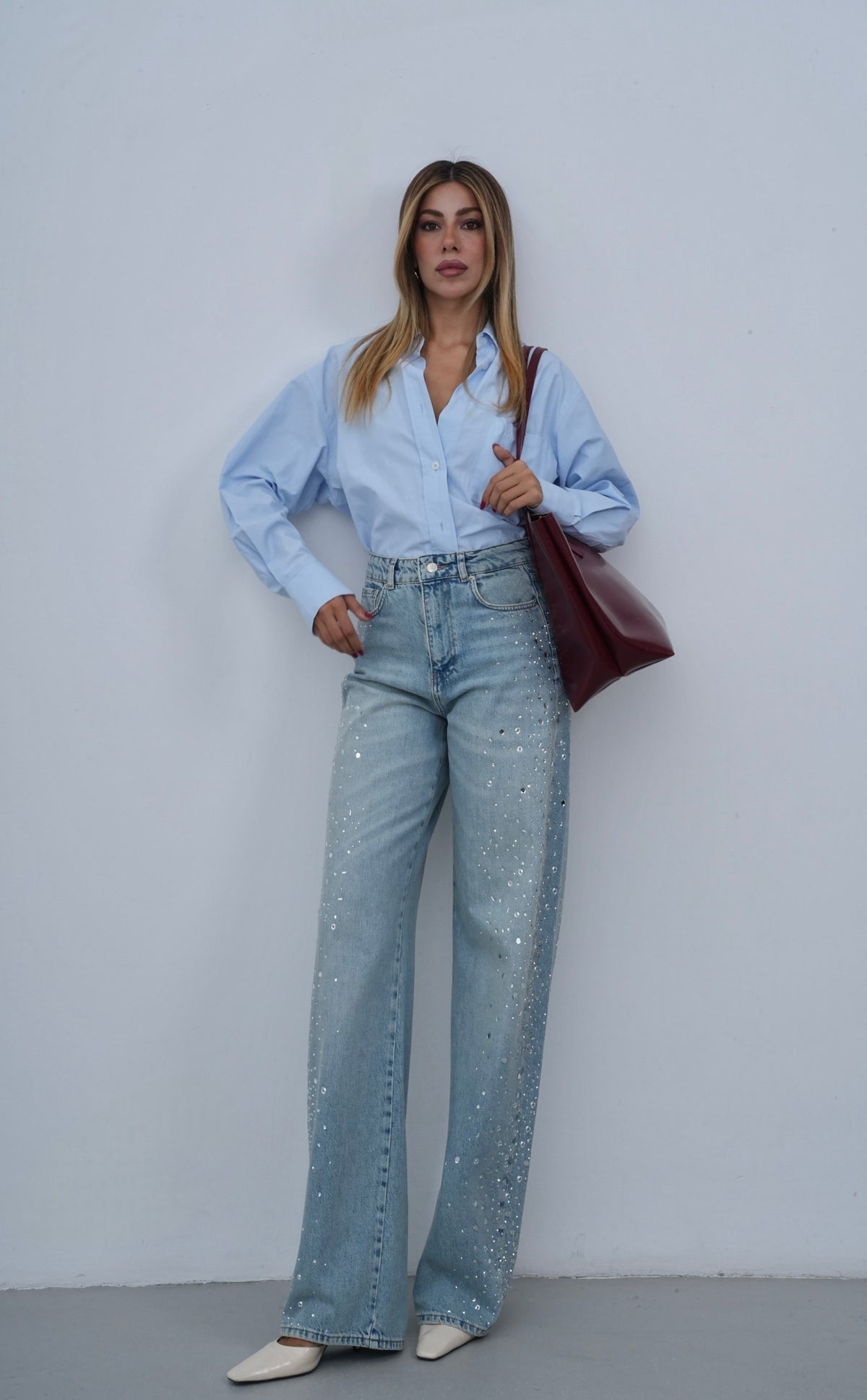 Yüksek Bel Baggy Kalıp Yandan Taş Detaylı Light Blue Tint Jean Pantolon