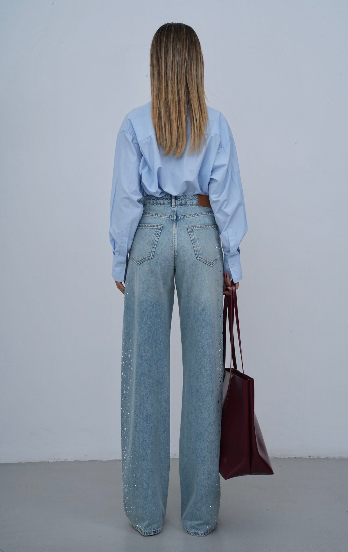 Yüksek Bel Baggy Kalıp Yandan Taş Detaylı Light Blue Tint Jean Pantolon