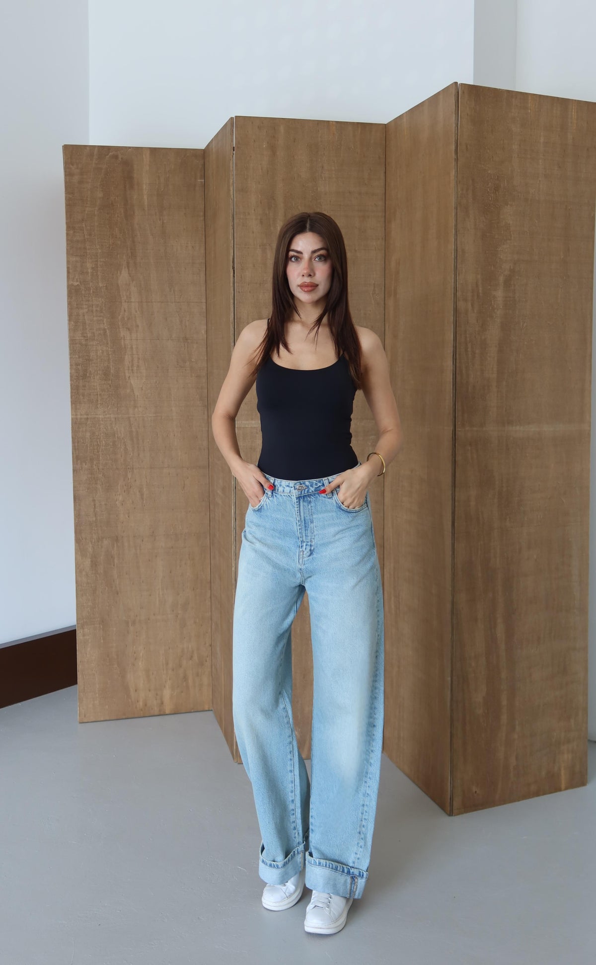 Normal Bel Baggy Foldup Kalıp Paça Katlama Detaylı Yeşil Tint Jean Pantolon
