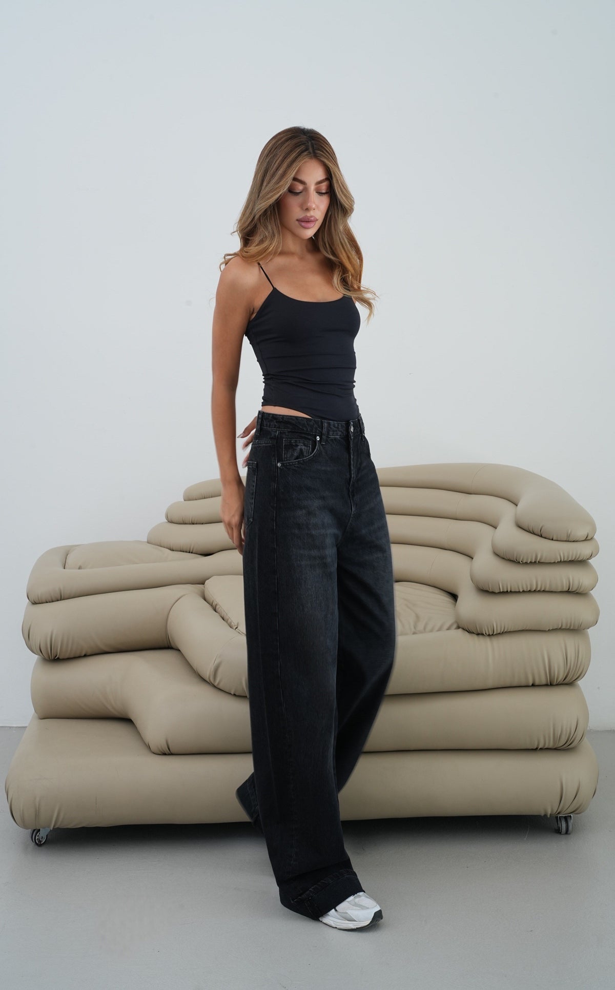 Düşük Bel Baggy Foldup Kalıp Paça Katlama Detaylı kadın Black Jean Pantolon