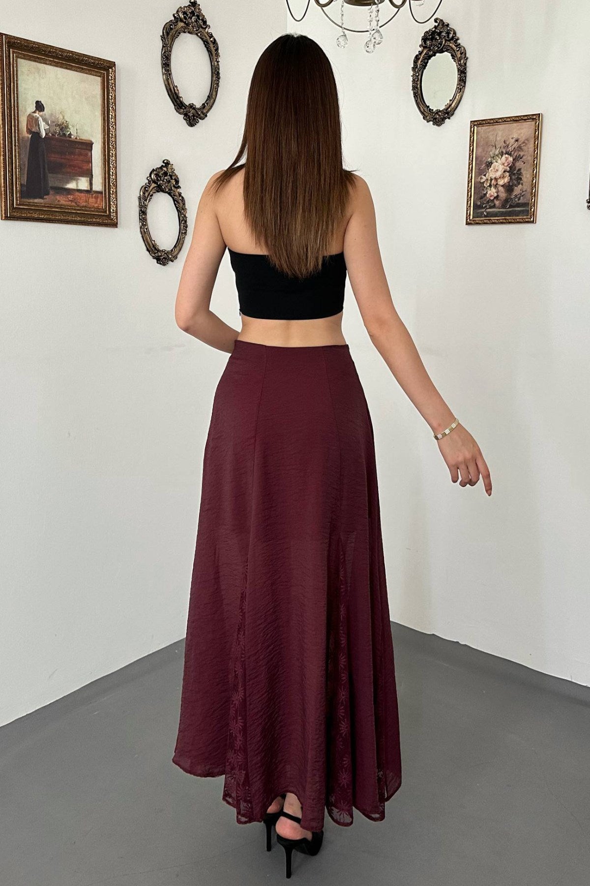 Bordo Dantelli Kraşlı Etek