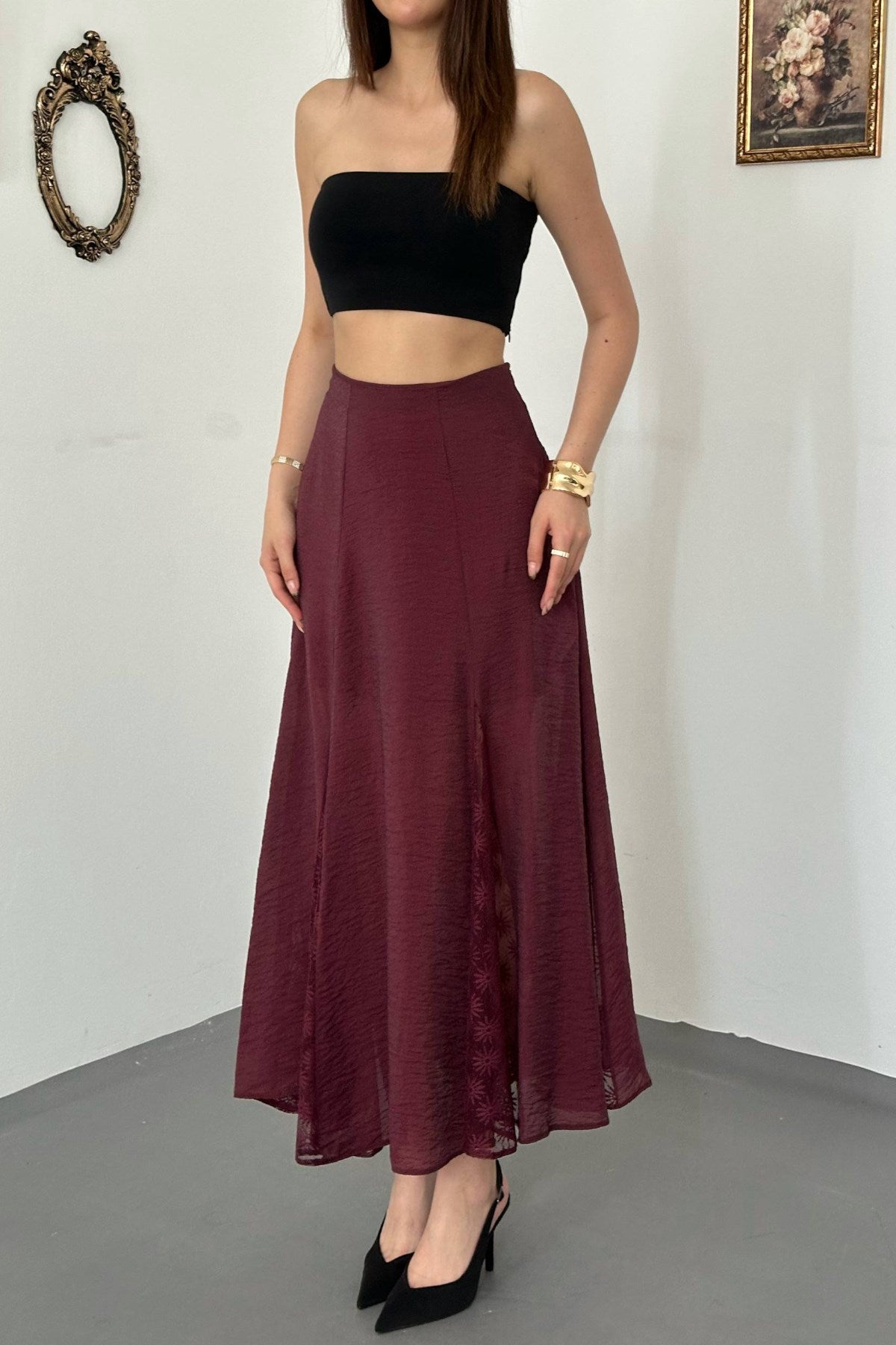 Bordo Dantelli Kraşlı Etek
