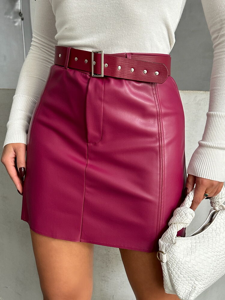 Wholesale Skirt with Leather Belt - Burgundy