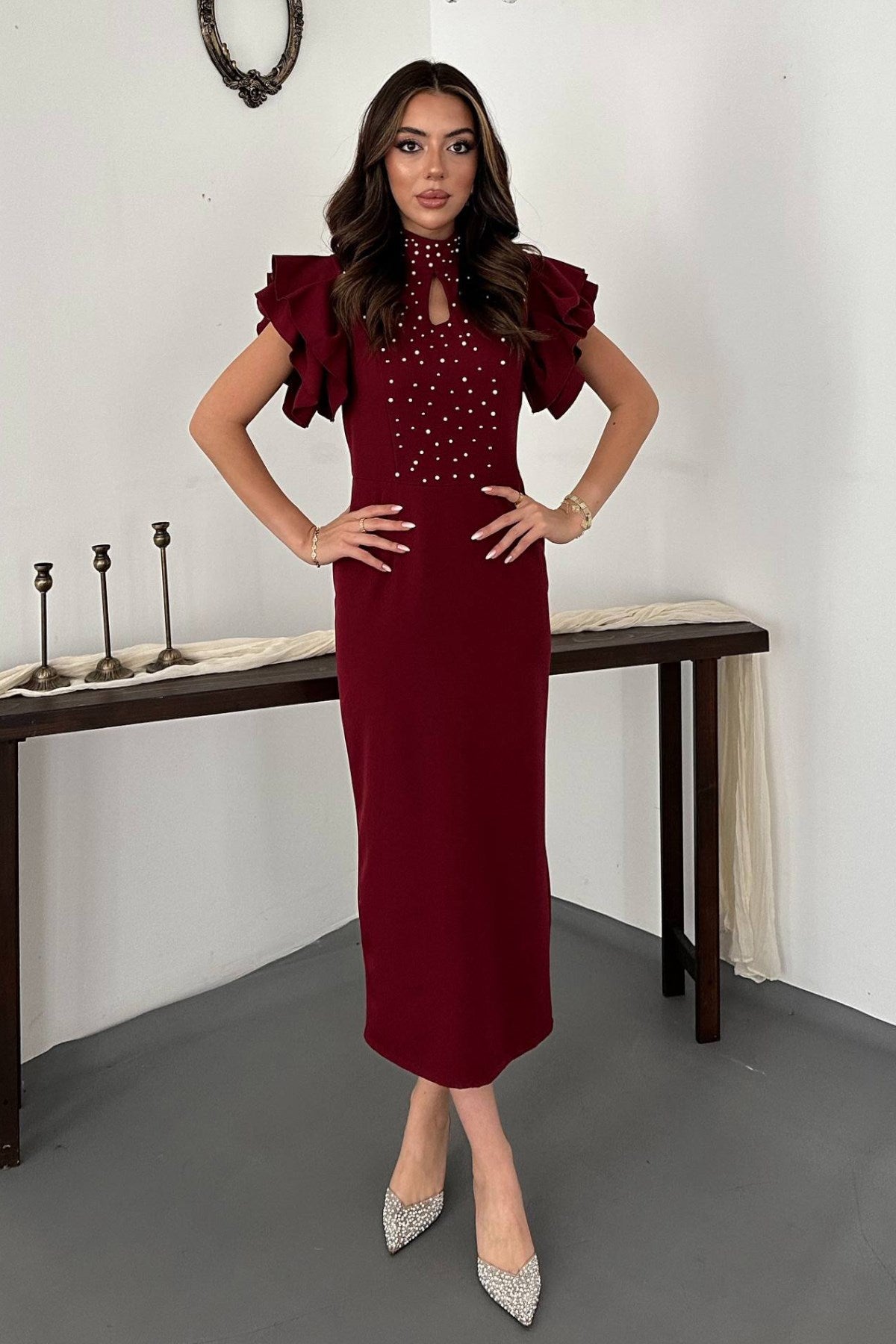 Bordo Işıltılı Elbise