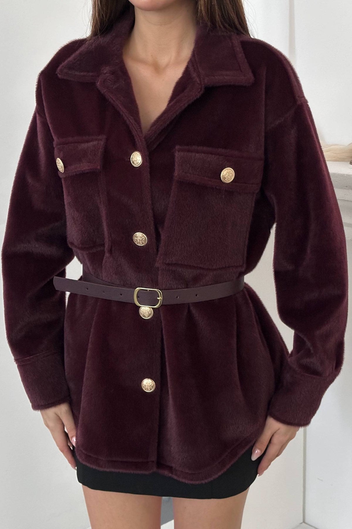 Bordo Kaşe Gold Düğmeli Gömlek