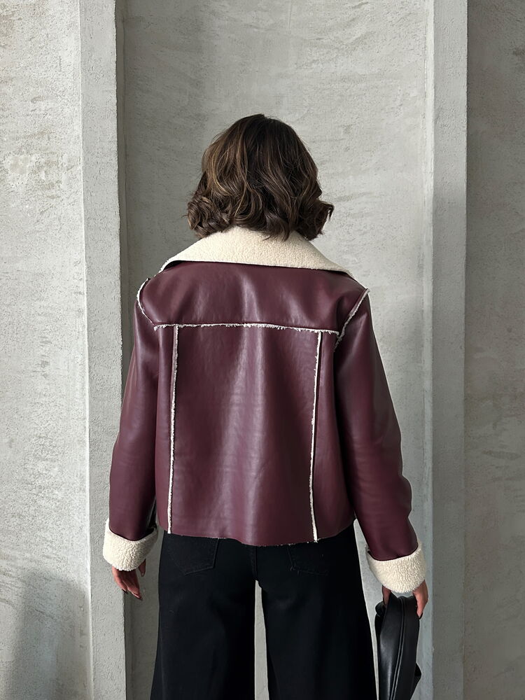 Wholesale Zipped Leather Jacket - Burgundy Cream