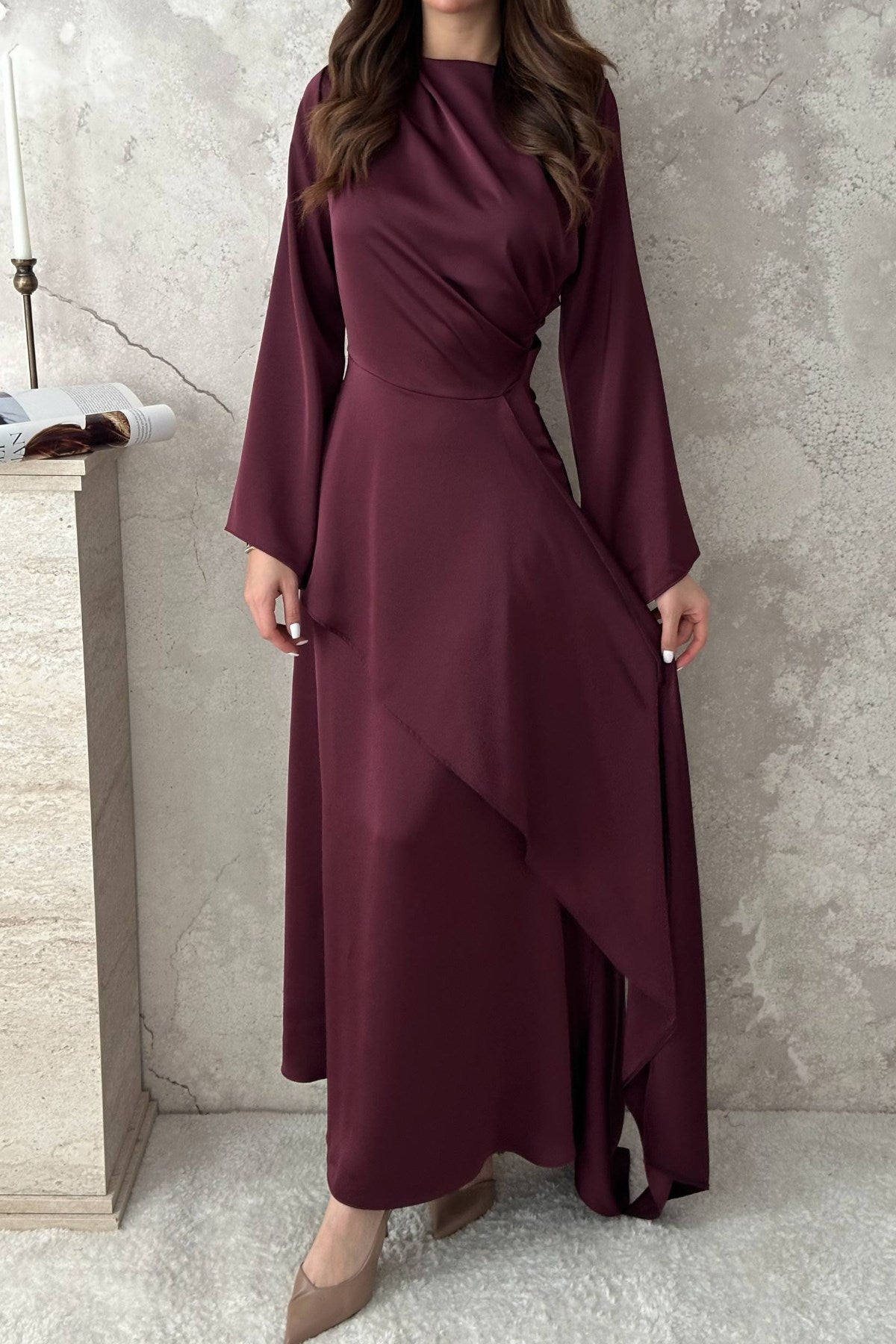 Bordo Yandan Bağlamalı Saten Elbise