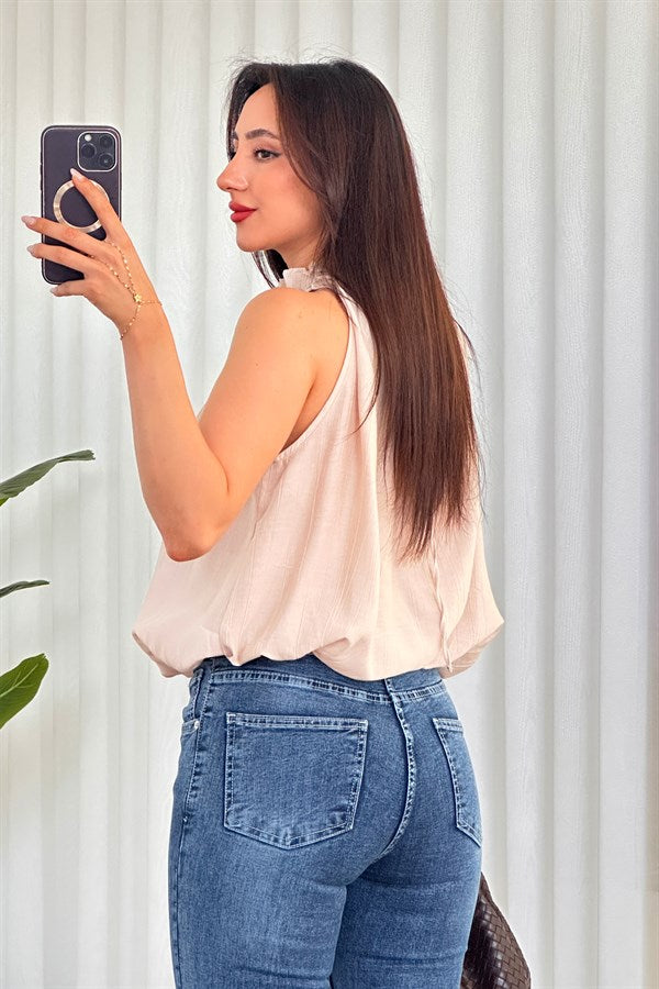 Bluza de Toptan Model Balon cu Perle la Guler Bej