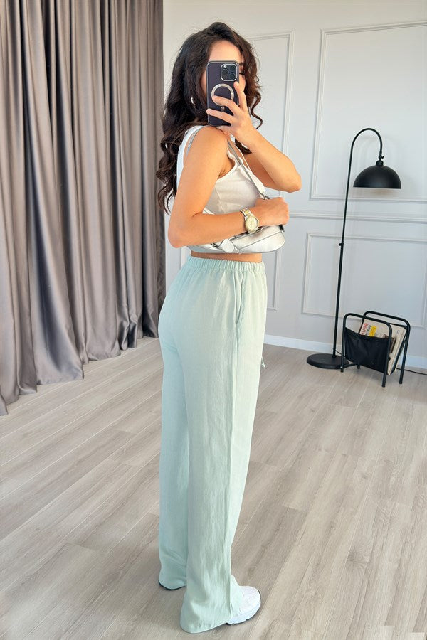 Pantaloni de Gros din In Menta cu Legătură la Talie
