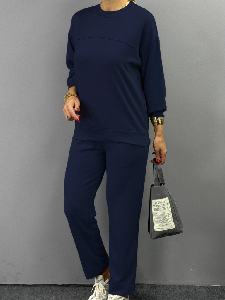 Set de două piese pentru femei, bluză cu mânecă lungă, guler rotund, din viscoză, țesătură double-face și pantaloni, 26775