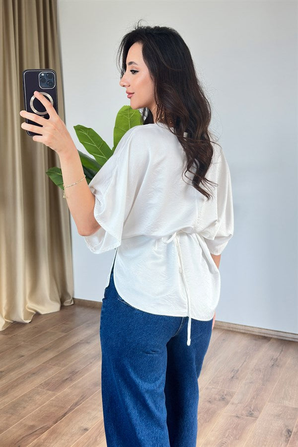 Bluza de Toptan Albă cu Legătură în Cruce