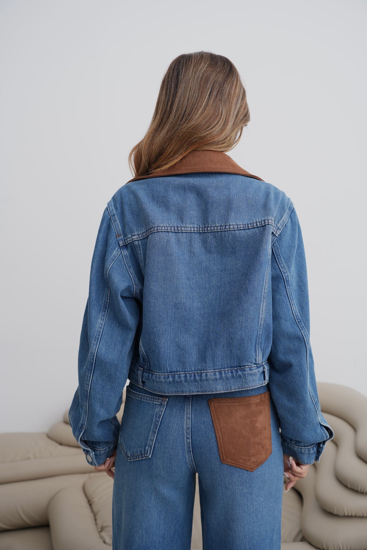 Yaka Süet Detaylı 5 Düğmeli Cepli Dark Blue Jean Ceket