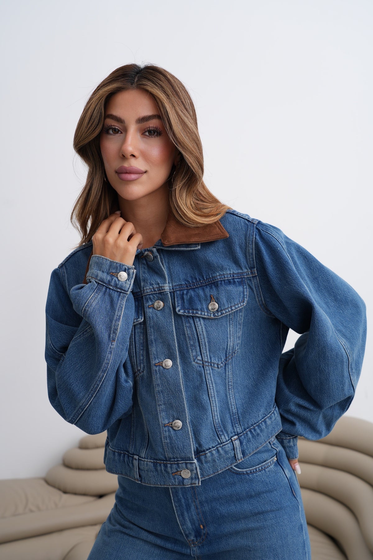 Yaka Süet Detaylı 5 Düğmeli Cepli Dark Blue Jean Ceket