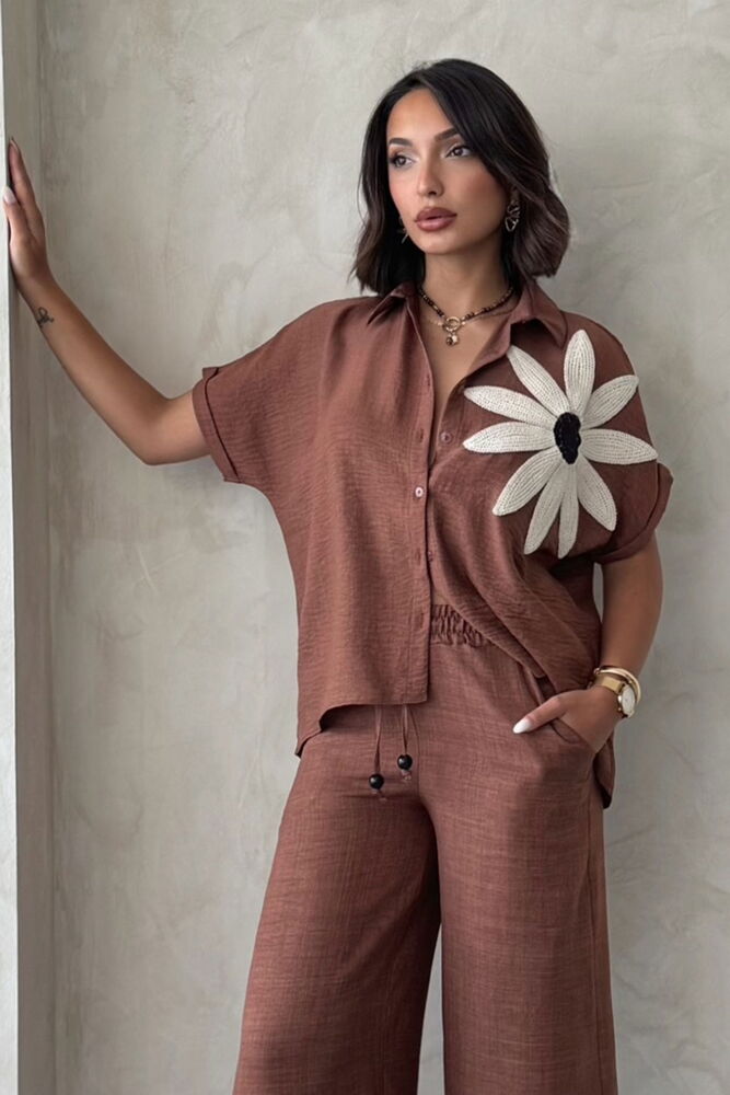 Floral Detail Wholesale Shirt - Coffee | Topshow