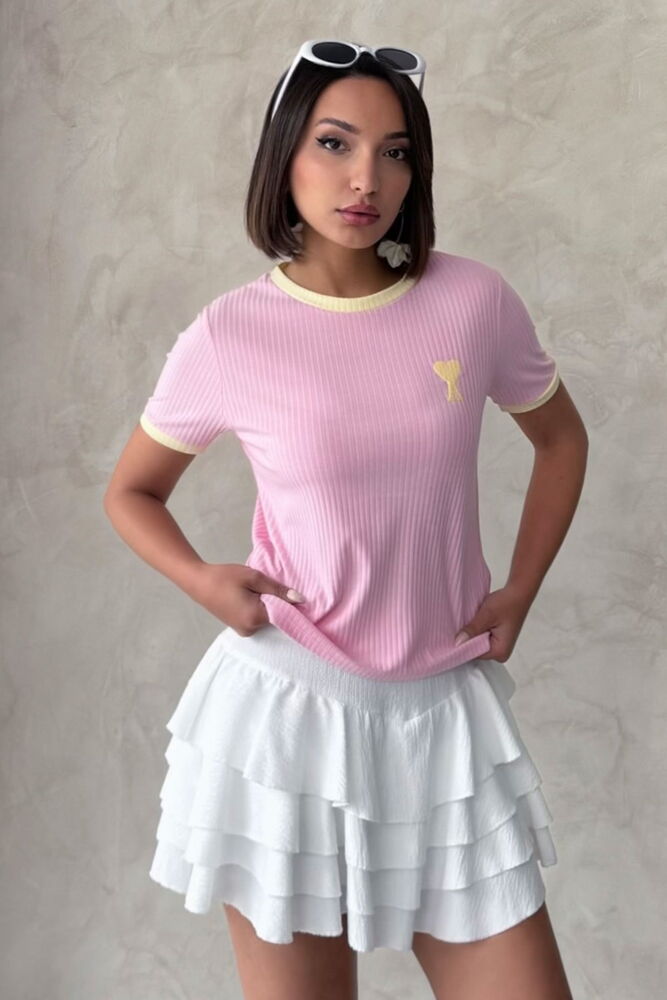Tricou brodat roz și galben | Topshow