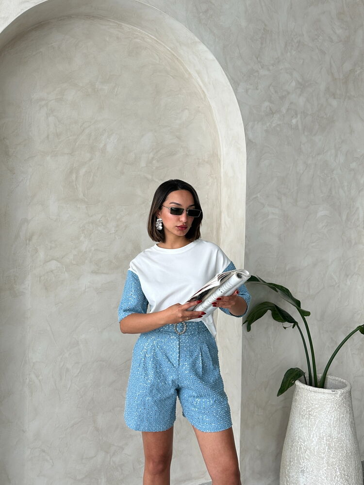Pullu Kot Şort - Mavi | Topshow
