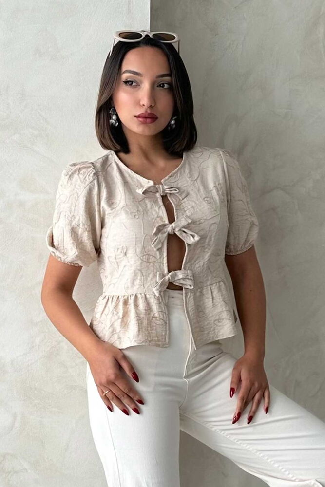 Wholesale Embroidered Blouse with Front Tie - Stone | Topshow