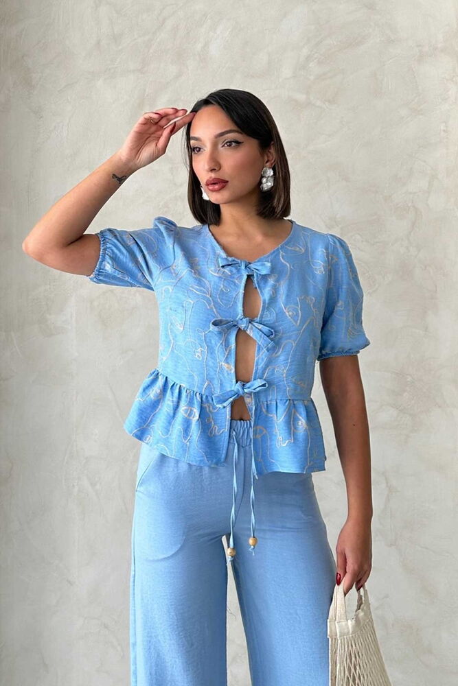 Embroidered Wholesale Blouse with Front Tie - Light Blue | Topshow