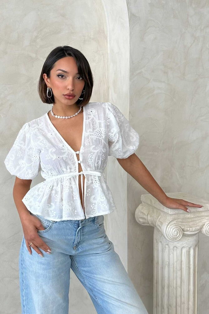 Embroidered V-Neck Voile Blouse with Front Tie - Cream Topshop