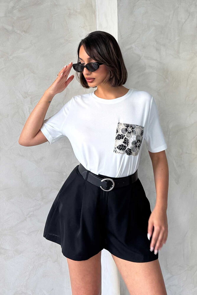 Pocket Detail T-Shirt - Cream Black | Topshow