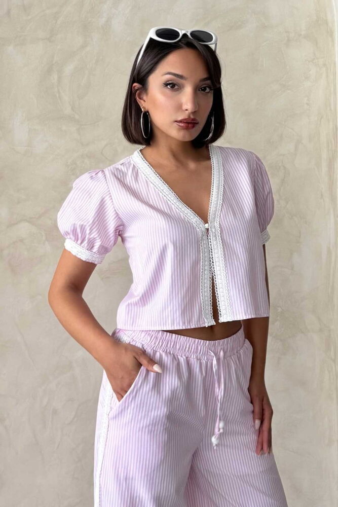 Guipure Detail Striped Blouse - Pink | Topshow