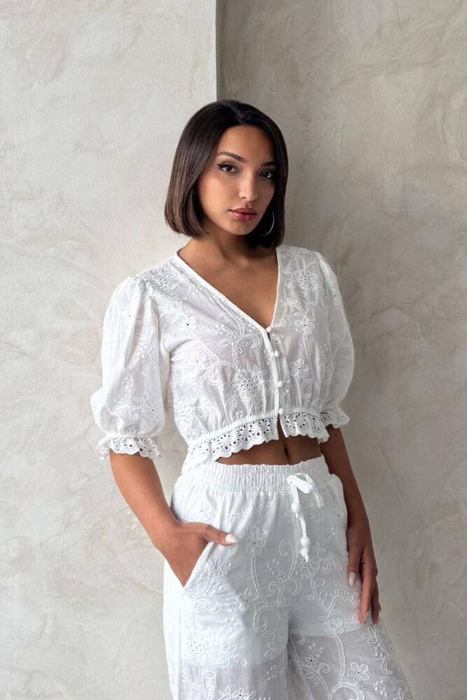 Wholesale Blouse with Broderie Anglaise Embroidery - Cream | Topshow