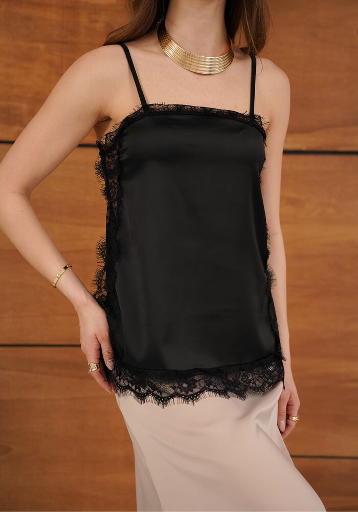 Topshow - Lace Detailed Strappy Satin Tunic - Black | D2931