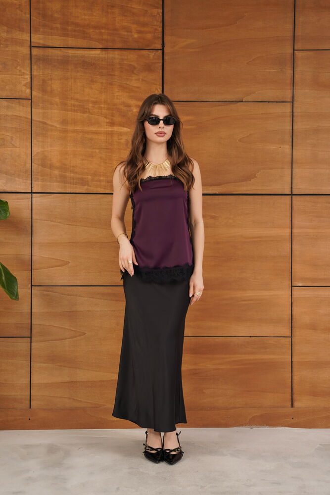 Topshow - Lace Detail Strappy Satin Tunic - Plum | D2931