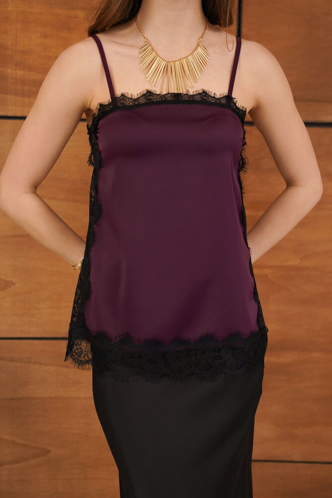 Topshow - Lace Detail Strappy Satin Tunic - Plum | D2931