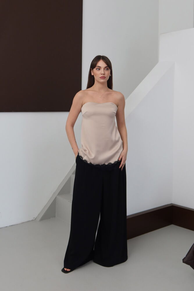 Topshow - Bluză din satin fără bretele și dantelă - Piatră | D2941