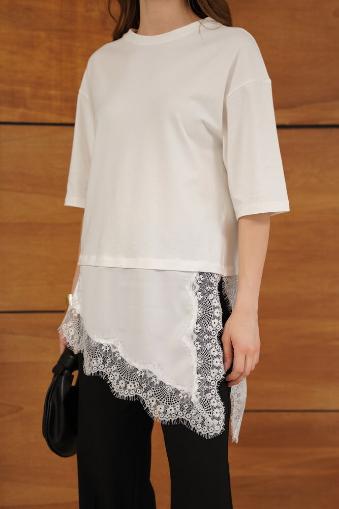 Topshow - Tricou asimetric cu detalii din dantelă și satin - Crem | D2942