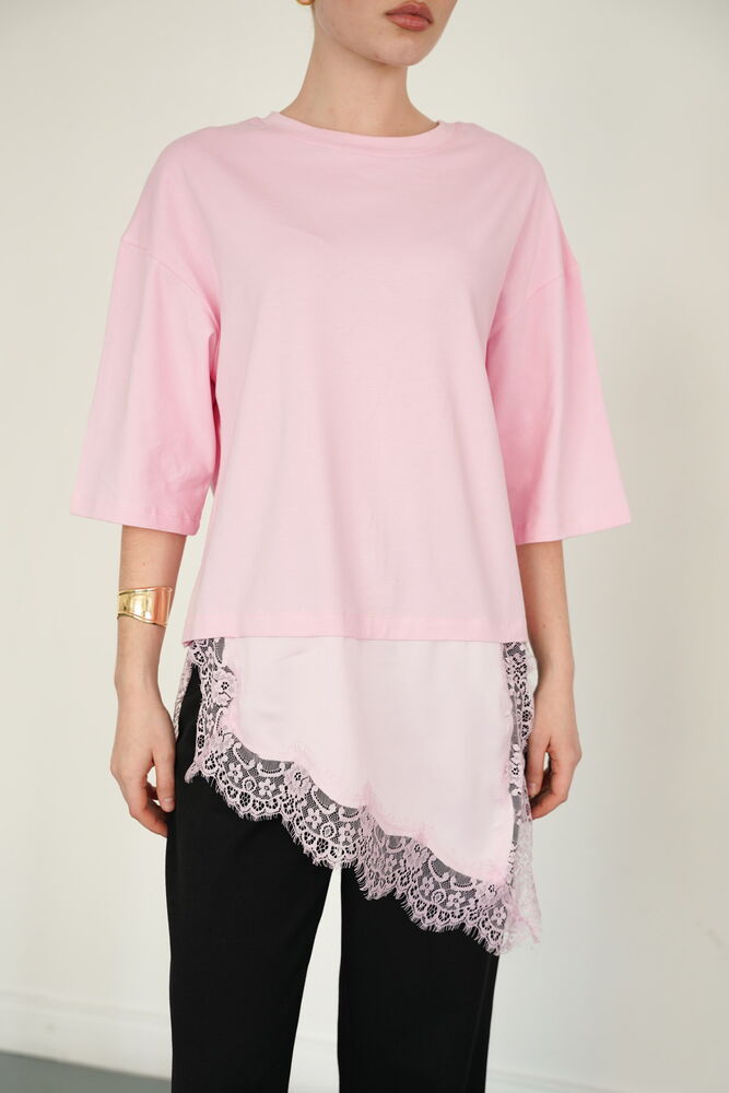 Tricou asimetric en-gros cu detalii din dantelă și satin - Roz | D2942 - Topshow