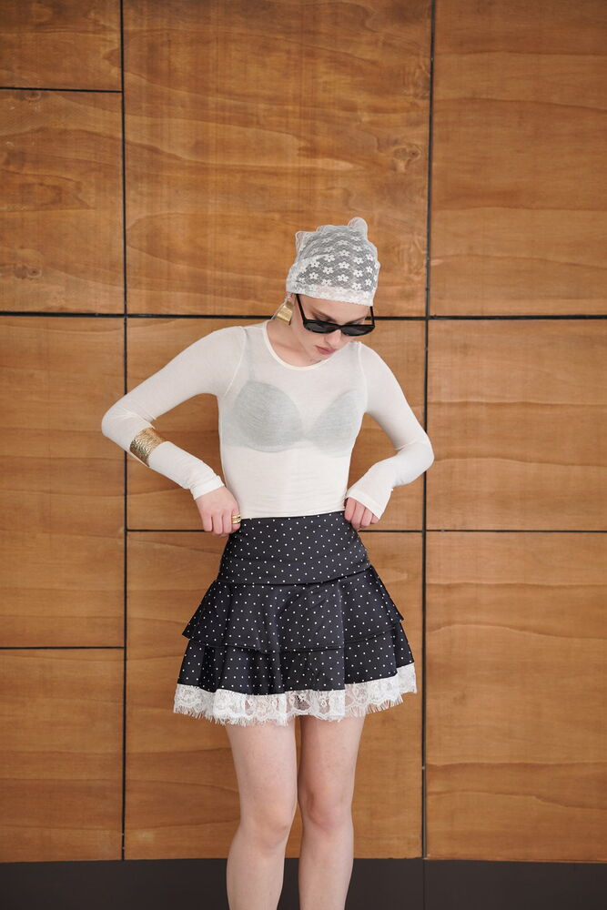 Polka Dot Lace Detail Satin Skirt - Black | D2962 - Topshow