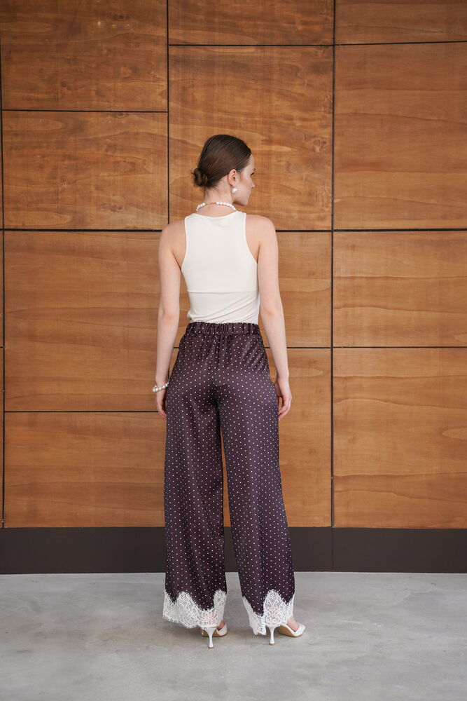 Puantiyeli Paçası Dantelli Saten Pantolon - Kahve | D2970 - Topshow