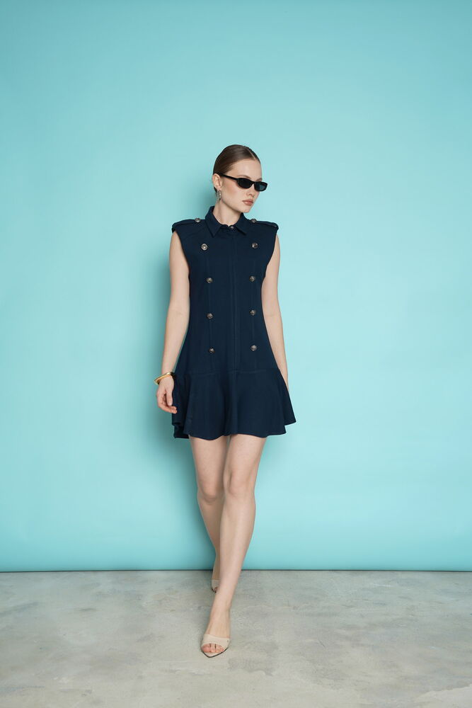 Sleeveless Mini Wholesale Dress with Epaulets on the Shoulder - Navy Blue | D2974 - Topshow