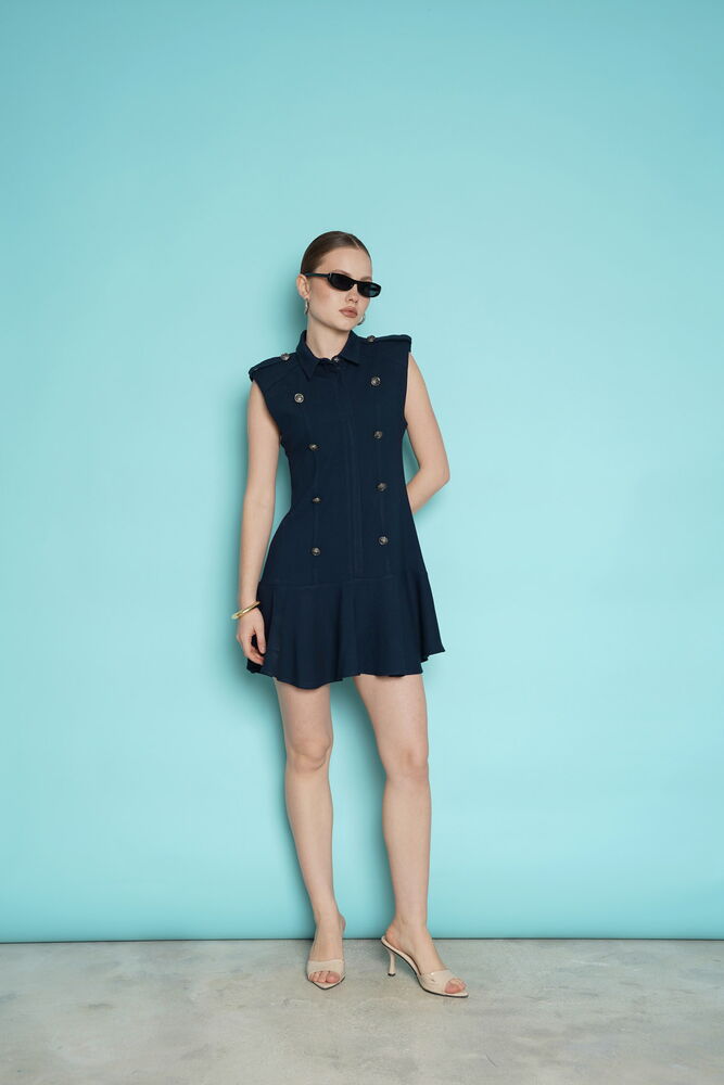 Sleeveless Mini Wholesale Dress with Epaulets on the Shoulder - Navy Blue | D2974 - Topshow