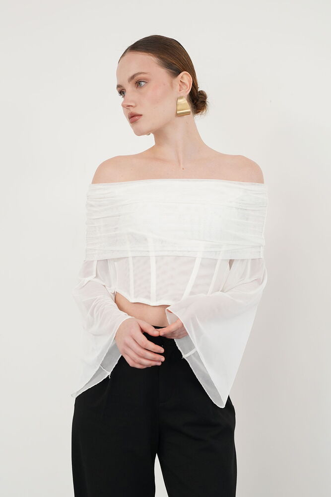 Uzun Kol Tül Toptan Bluz - Krem | D2977 - Topshow