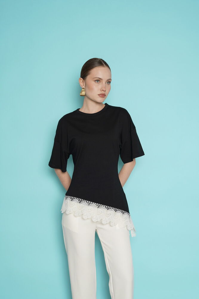 Tricou cu tiv din dantelă, en-gros - Negru | D2991 - Topshow