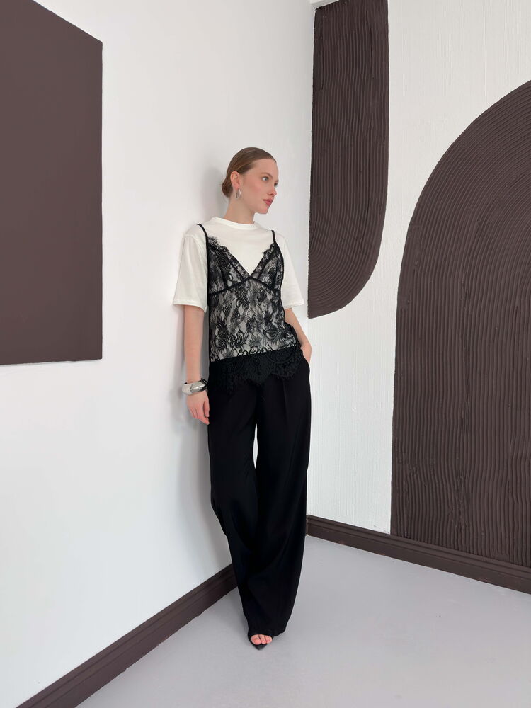 Rochie scurtă din dantelă, cu tunică din bumbac - Crem | D3009 Topshow